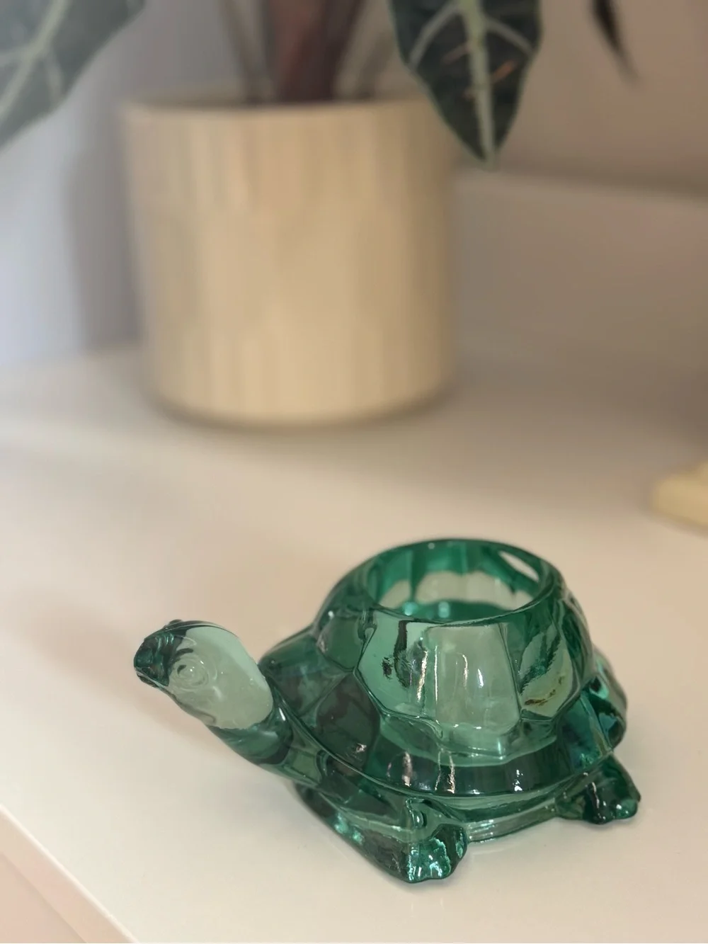 Green Glass Turtle Decorative Accent Candle Holder